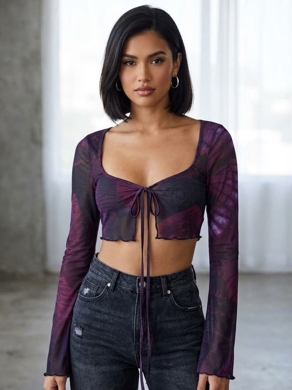 Long Sleeve Tie-Front Crop Top in Purple
